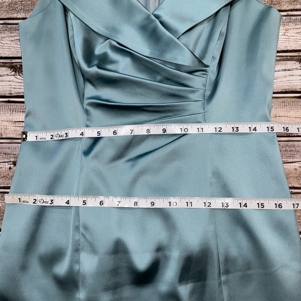 Silk Misty Blue Portrait Collar Ruched Sleeveless Tea Length Dress 10 - Picture 13 of 14